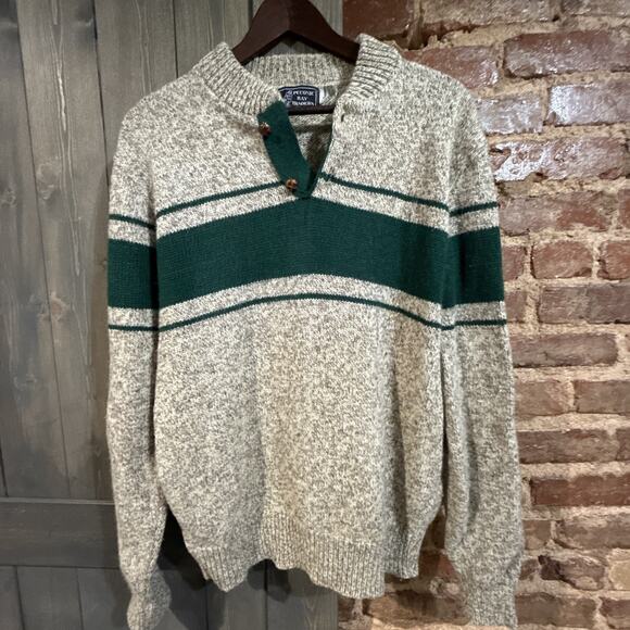 Peconic Bay Traders Fisherman Sweater Mens M Wool Birds Eye Beige Green Stripe - Picture 2 of 11